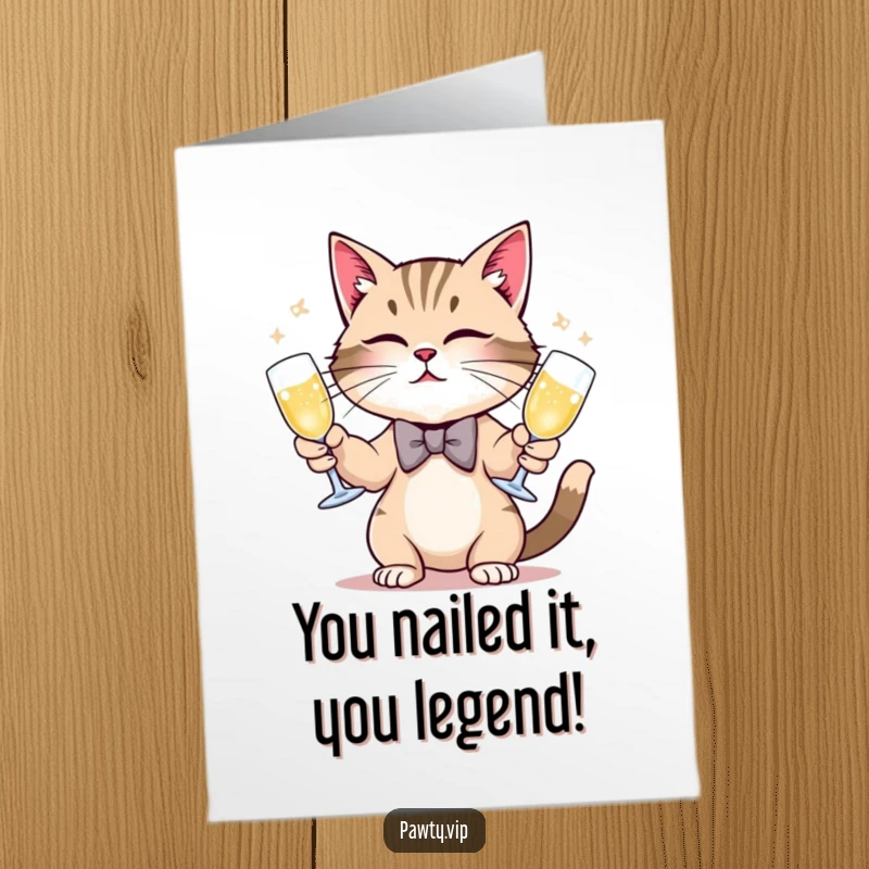 Funny Free Printable Congratulations Card: Sophisticated cat in bow tie juggles champagne flutes. A celebratory downloadable design.