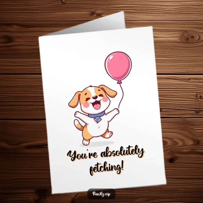 Funny Free Printable Congratulations Card of a kawaii dog with a diamond collar, joyfully jumping for a celebratory balloon, signifying success.