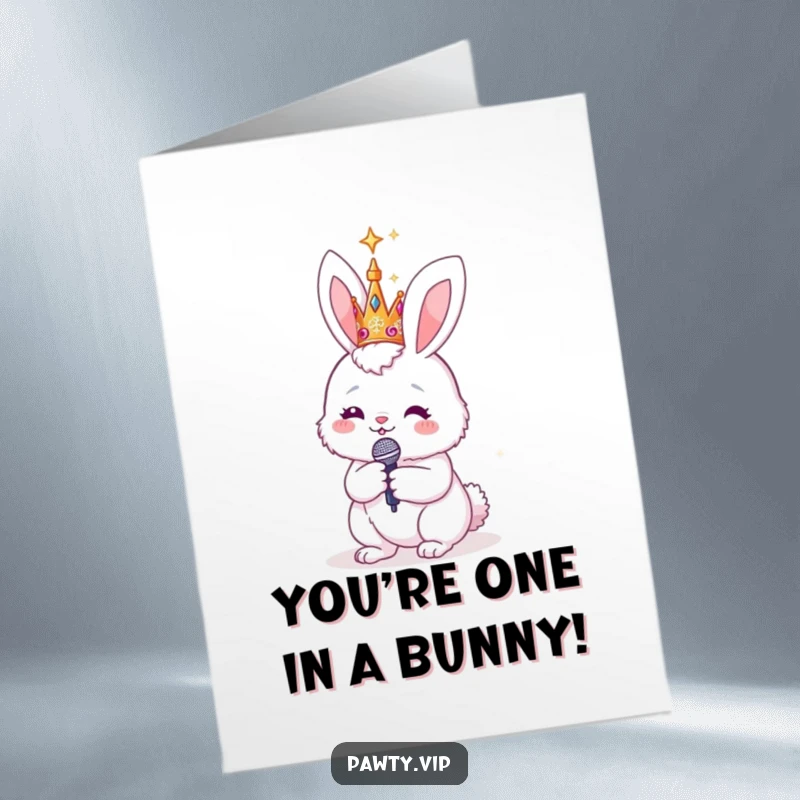 Funny Free Printable Congrats Card: Fluffy bunny wearing a sparkly crown, holding a microphone, ready to congratulate with a song.