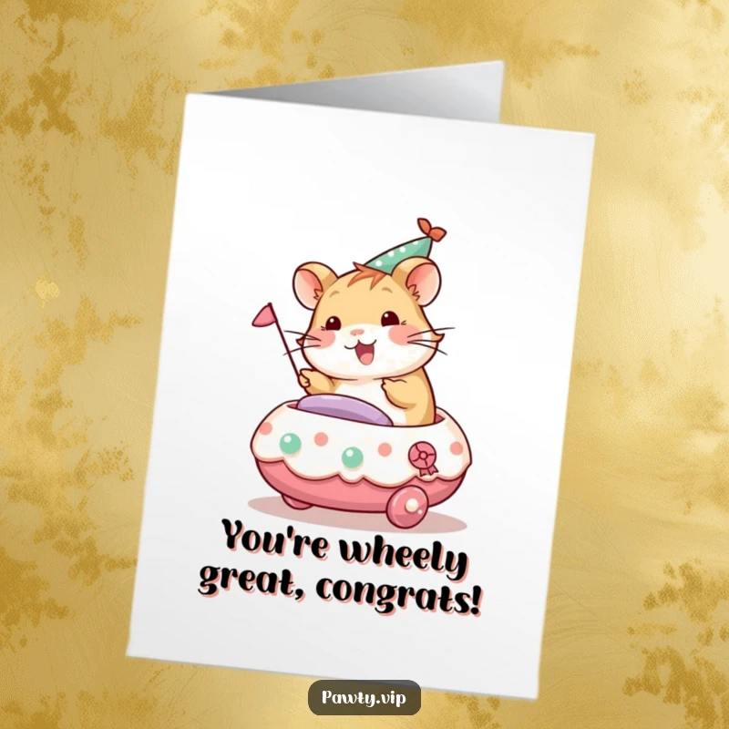Funny Free Printable Congratulations Card: Hamster riding a decorated party float, celebrating success with festive cheer.