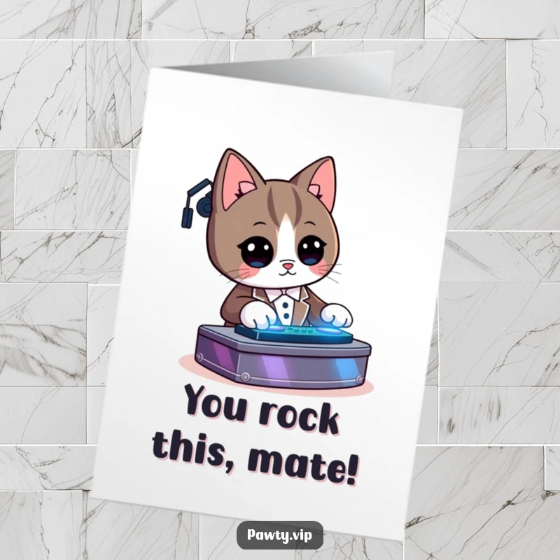 Funny Free Printable Congratulations Card: Kawaii tuxedo cat DJing with glowing lights, celebrating a big win.