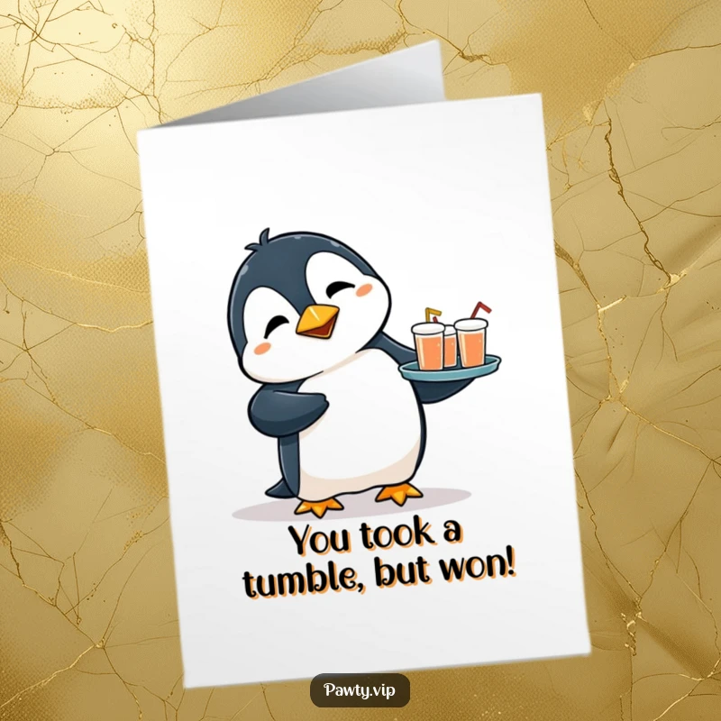Funny Free Printable Congratulations Card: Flustered penguin trips with drinks, but still celebrating success.