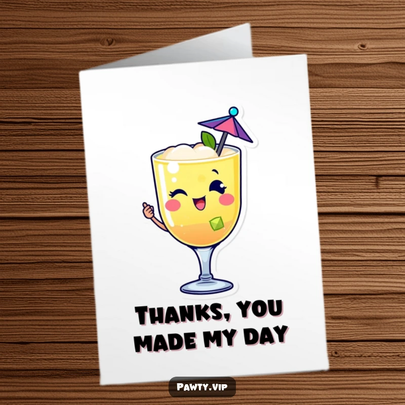 Funny Free Printable Thank You Card featuring a happy cocktail character winking, sending thanks with a cheerful, bubbly spirit.