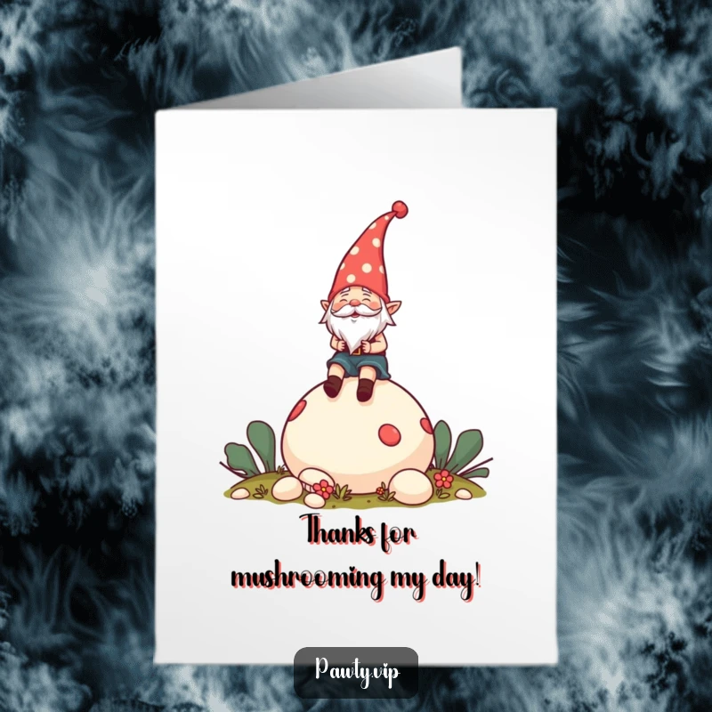 Funny Free Printable Thank You Card: Cheerful gnome wearing a party hat riding a giant mushroom, expressing thanks with a whimsical adventure.