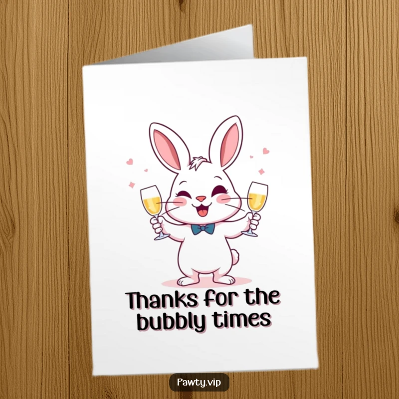 Funny Free Printable Thank You Card: A playful rabbit juggles champagne glasses, expressing thanks with a mischievous twinkle, downloadable.