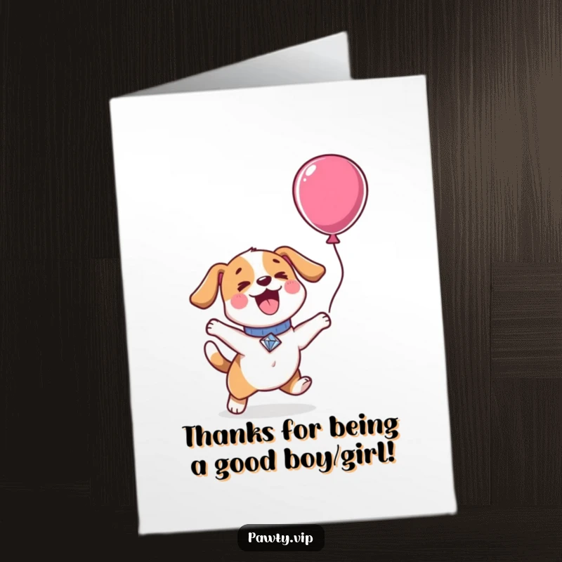 Funny Free Printable Thank You Card featuring an excited kawaii dog with a diamond collar, jumping joyfully to express thanks.