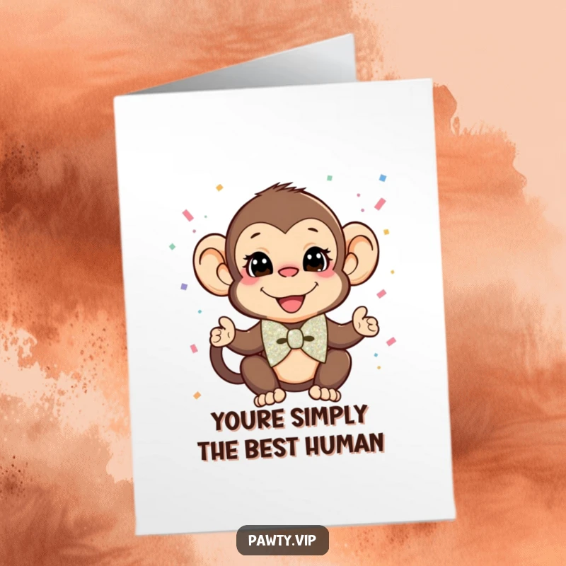 Funny Free Printable Thank You Card: A debonair monkey in a sequined bow tie showering confetti, expressing thanks.