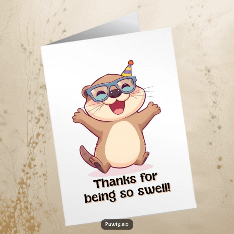 Funny Free Printable Thank You Card: a joyful otter sporting tiny glasses leaps with excitement, conveying thanks with a playful spirit.