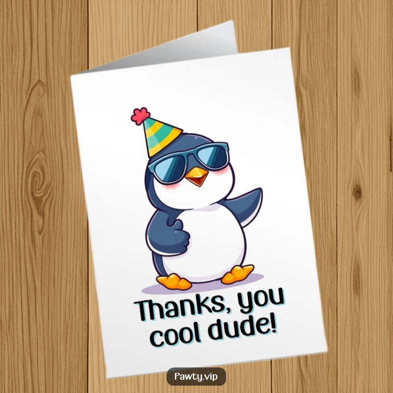 Funny Free Printable Thank You Card: A kawaii penguin in party gear gives a relaxed thumbs up, conveying thanks with cool style.