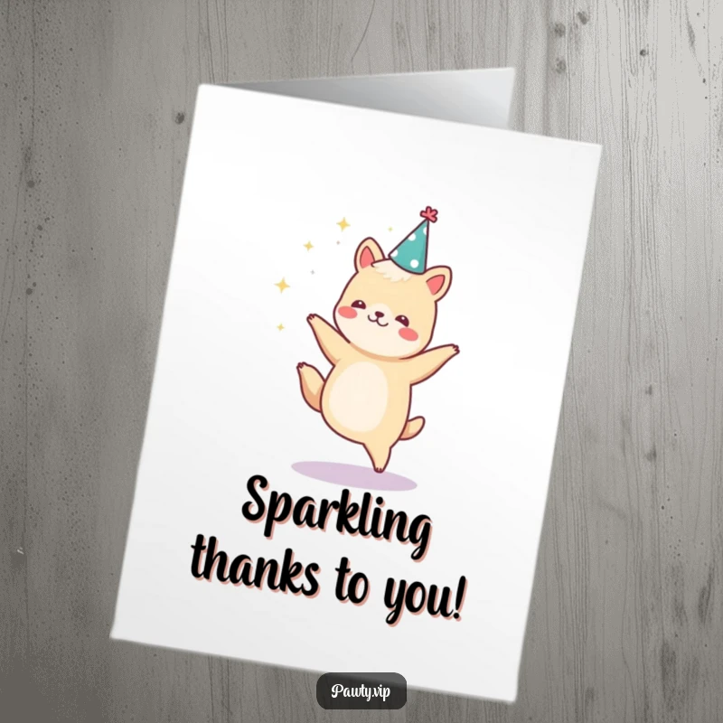 Funny free printable thank you card of a dancing animal in a party hat, surrounded by sparkles, conveying thanks with enthusiasm.