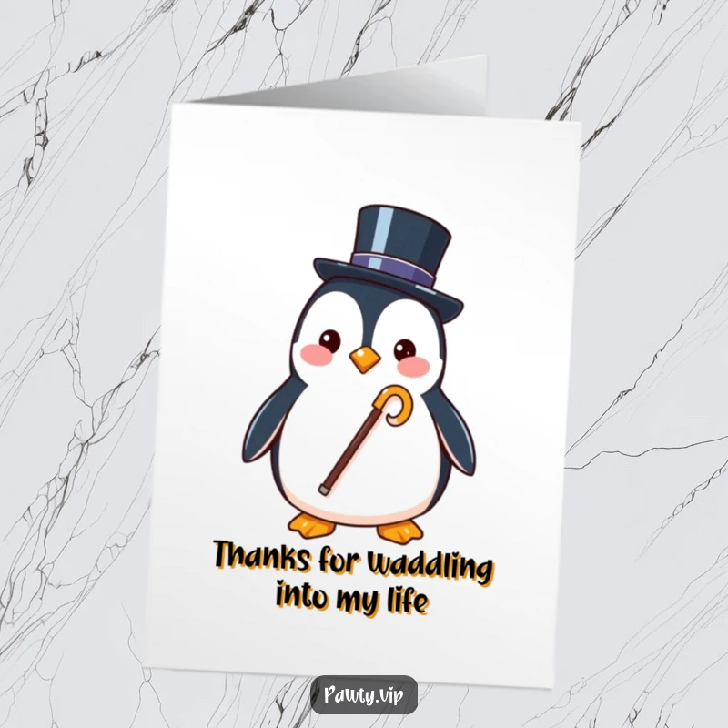 Funny free printable thank you card of a stylish penguin with a top hat and cane, tipping his hat in thanks.