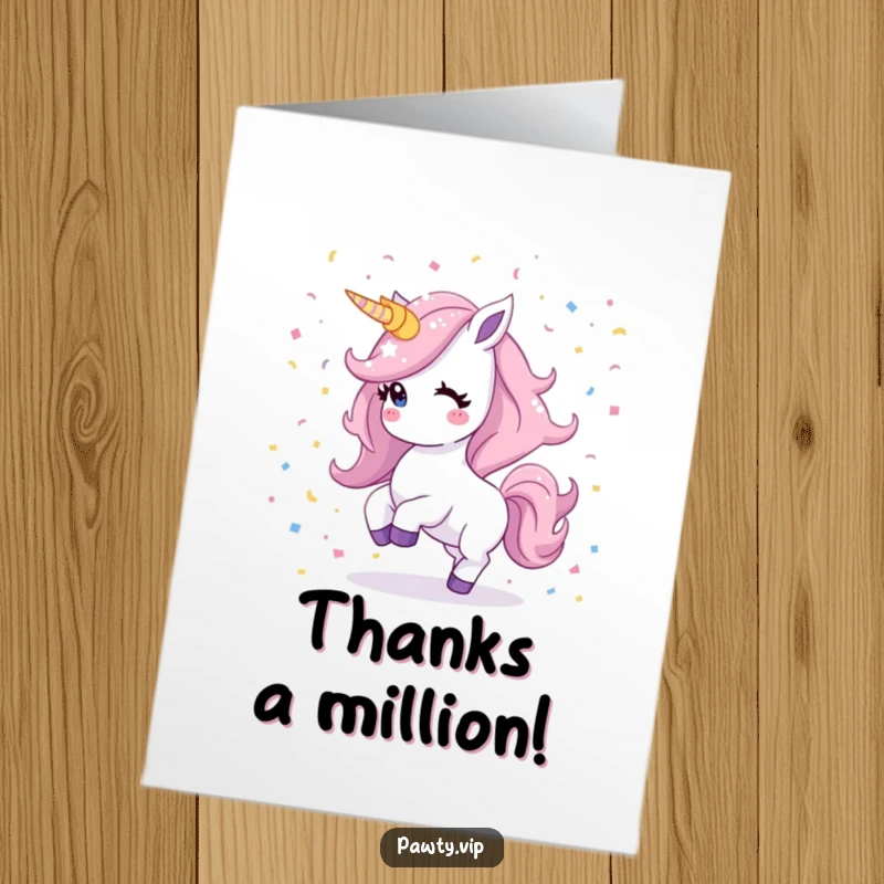 Funny Free Printable Thank You Card: Kawaii unicorn with shimmering mane dances, offering thanks with a magical flourish.