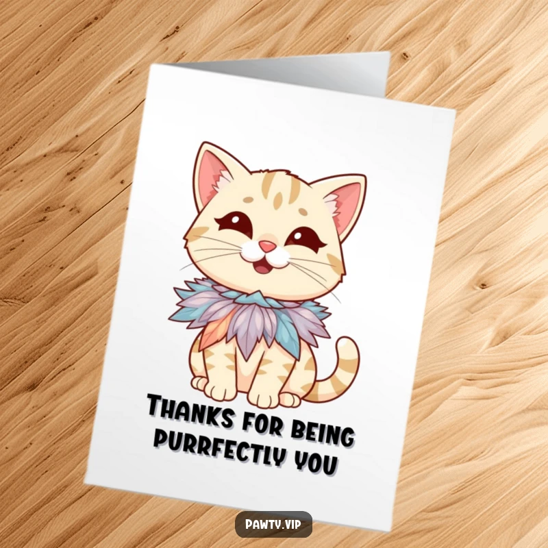 Funny free printable thank you card featuring a giggling cat in a show-stopping feather boa, expressing thanks with style.