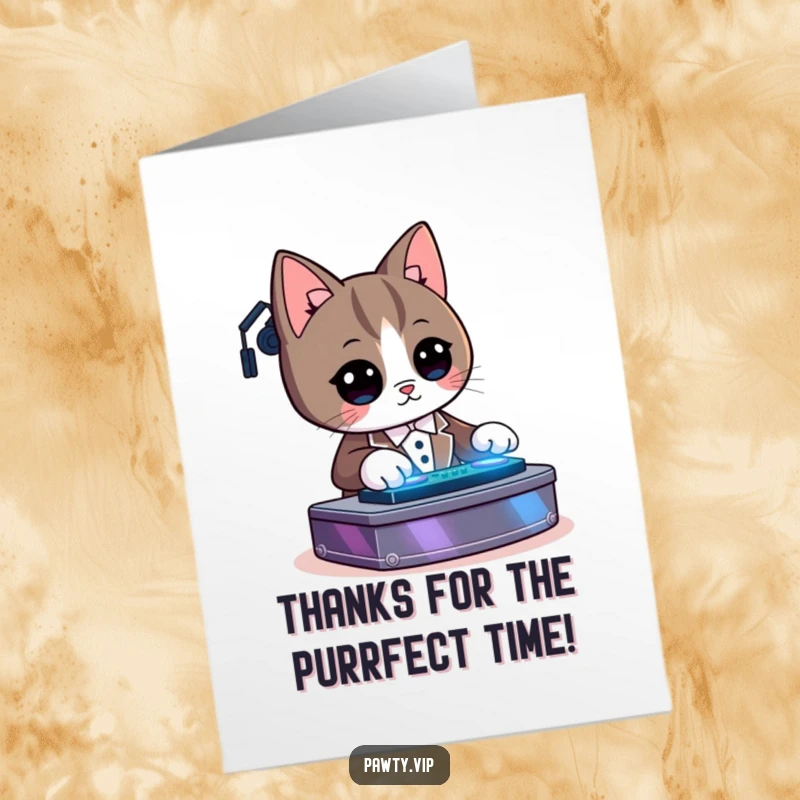 Funny Free Printable Thank You Card: Kawaii tuxedo cat DJing, sending thanks with glowing lights and music.