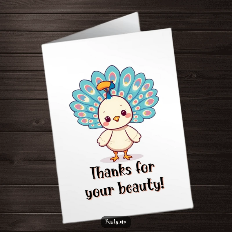 Funny Free Printable Thank You Card: Smiling Kawaii peacock fanning its vibrant tail feathers, expressing thanks with flair.