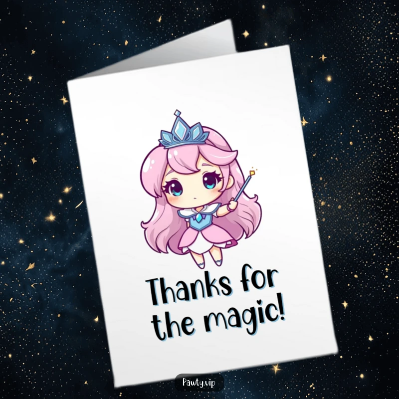 Funny Free Printable Thank You Card: Character in a sparkling tiara waving a magic wand, sending enchanting thanks, perfect DIY downloadable.