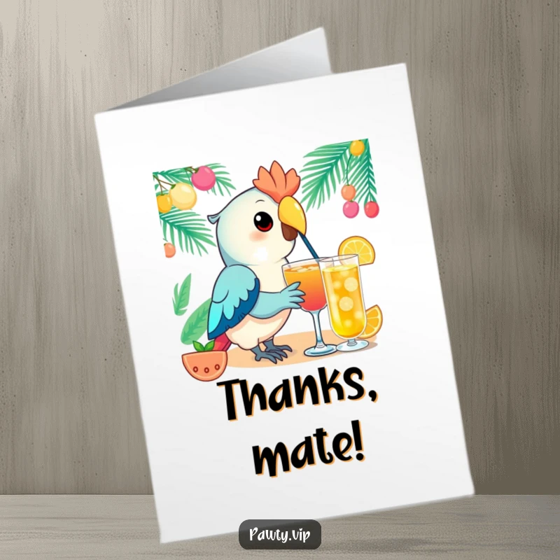 Funny Free Printable Thank You Card: Kawaii parrot elegantly sips a festive drink, offering thanks with a tropical flair.