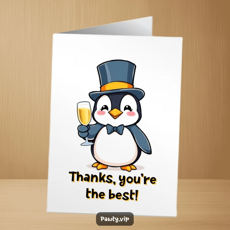 Funny Free Printable Thank You Card: Fancy penguin with bubbly, raising a glass in a sophisticated thank you.