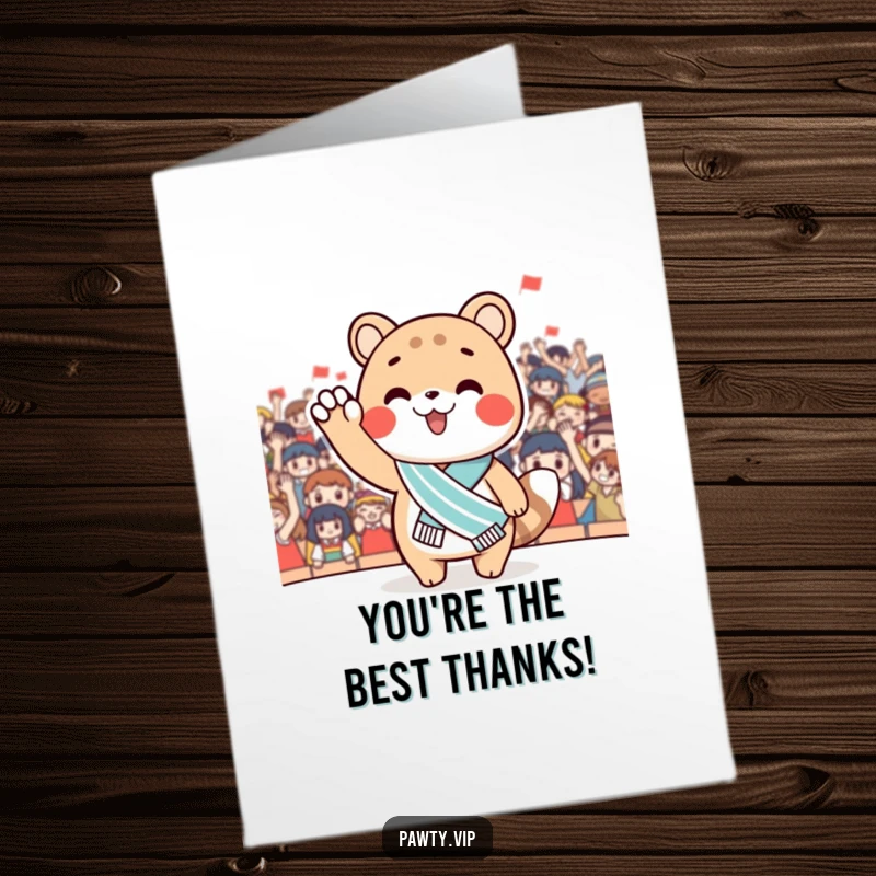 Funny Free Printable Thank You Card: A beloved animal character in a sash waves to a cheering audience, conveying thanks.