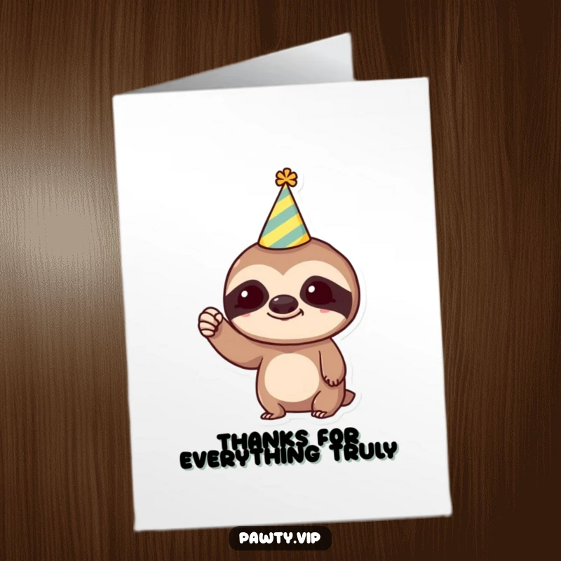 Funny Free Printable Thank You Card: Trendy sloth in party hat slowly raises tiny fist to show appreciation.