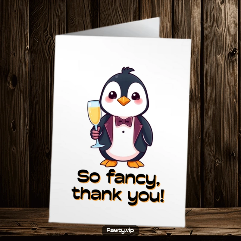 Funny Free Printable Thank You Card featuring a penguin in a tuxedo with a champagne flute, conveying thanks with sophisticated charm.