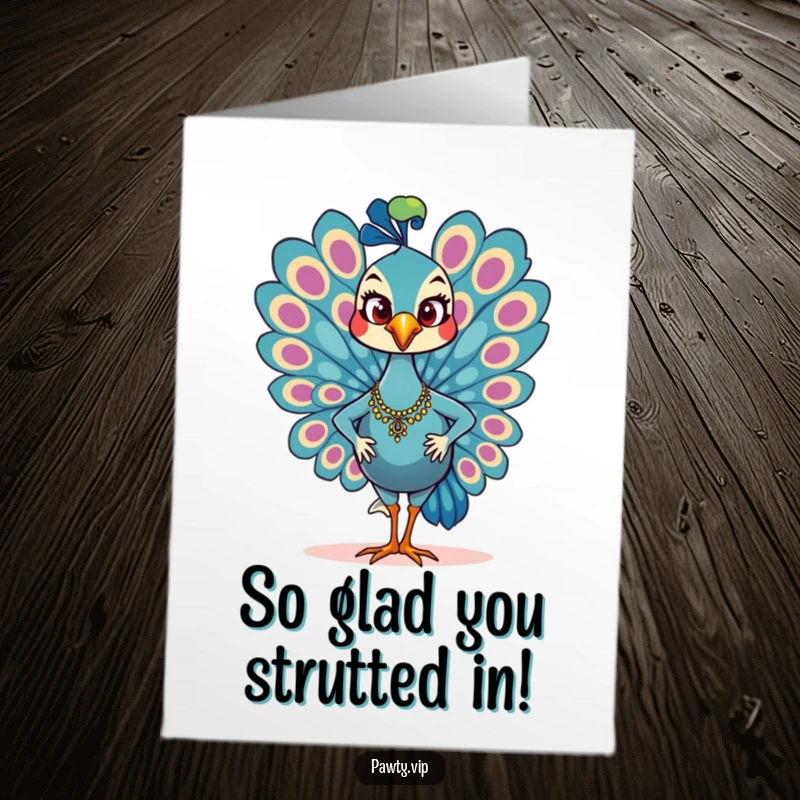Funny Free Printable Thank You Card: Glamorous peacock character strutting with a confident smile, expressing thanks with undeniable style.