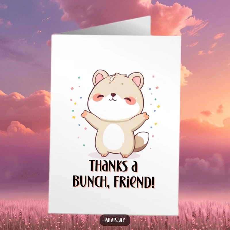 Funny Free Printable Thank You Card: Joyful animal in a celebratory pose showering confetti, expressing sincere thanks.