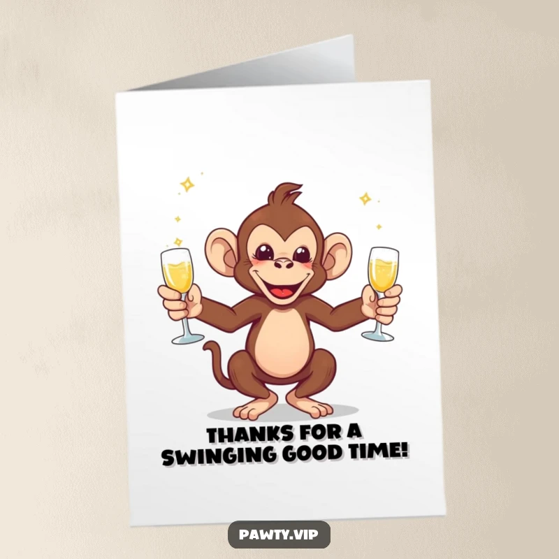 Funny Free Printable Thank You Card: an energetic monkey juggles champagne glasses, offering a bubbly and humorous thank you.