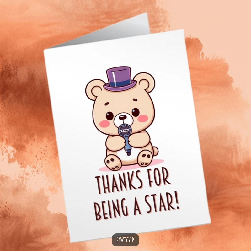 Funny Free Printable Thank You Card: A Kawaii bear with a microphone sings a thank you tune.