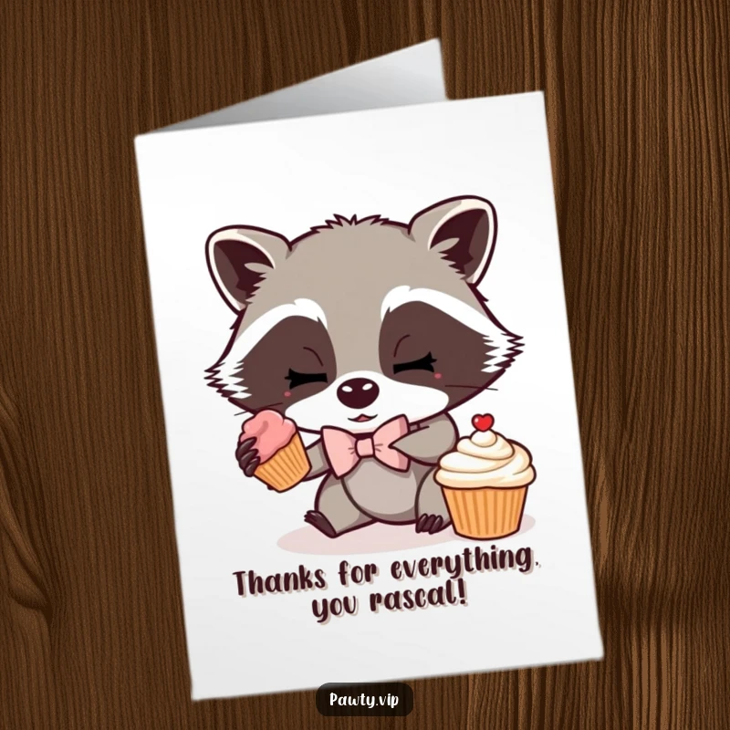 Funny Free Printable Thank You Card: Mischievous raccoon in a bow tie, holding a stolen cupcake, saying thanks.