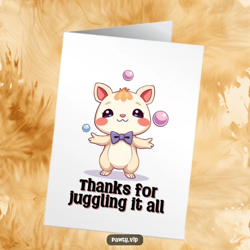 Funny Free Printable Thank You Card: A stylish creature with a bow tie juggling bright spheres to express sincere gratitude.