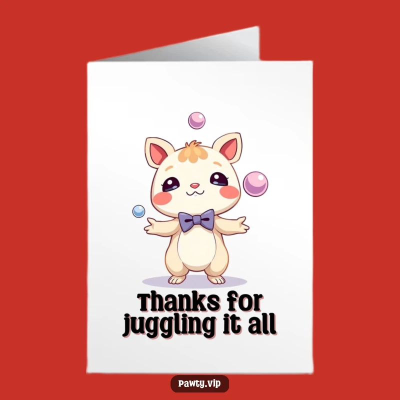 Free Printable Thank You Card: Bow Tie Creature Juggling for a Funny Downloadable Gift