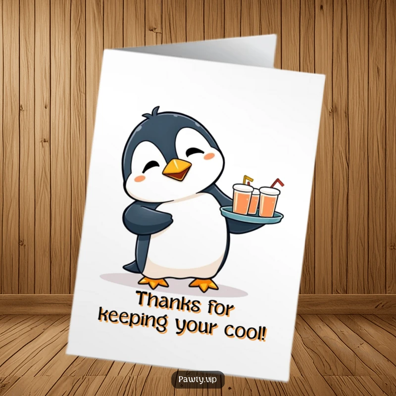 Funny Free Printable Thank You Card: Flustered penguin trips with drinks, offering a wobbly thanks.