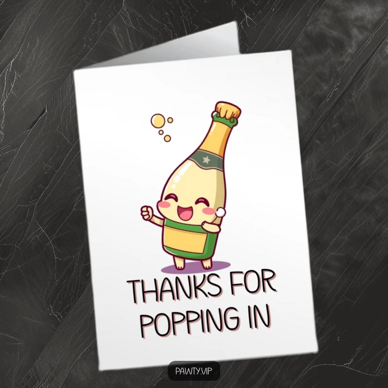 Funny Free Printable Thank You Card: A champagne bottle character with a joyful expression, popping its cork to say thanks.