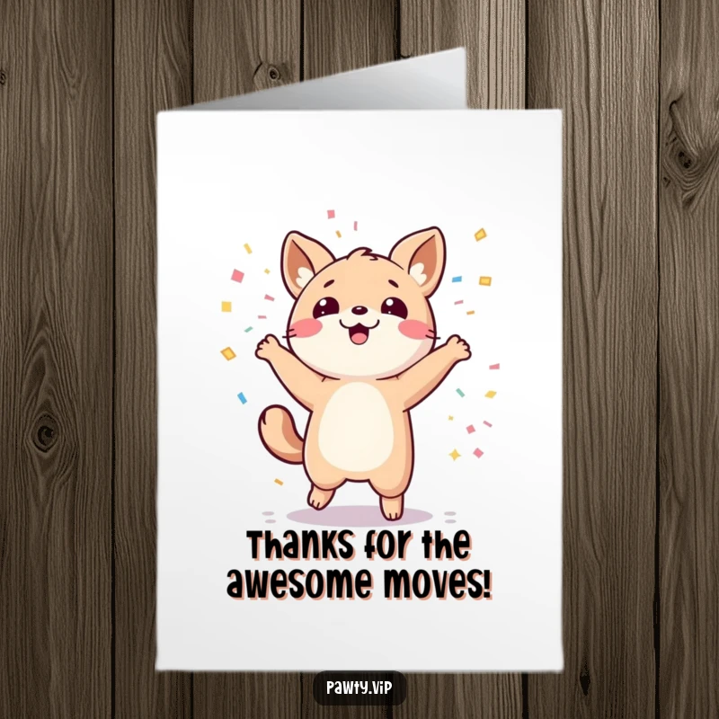Funny Free Printable Thank You Card: A kawaii animal dances wildly with confetti showering down, expressing thanks.