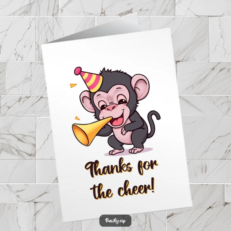 Funny Free Printable Thank You Card: Kawaii chimpanzee blowing a party horn with immense joy and exuberance.