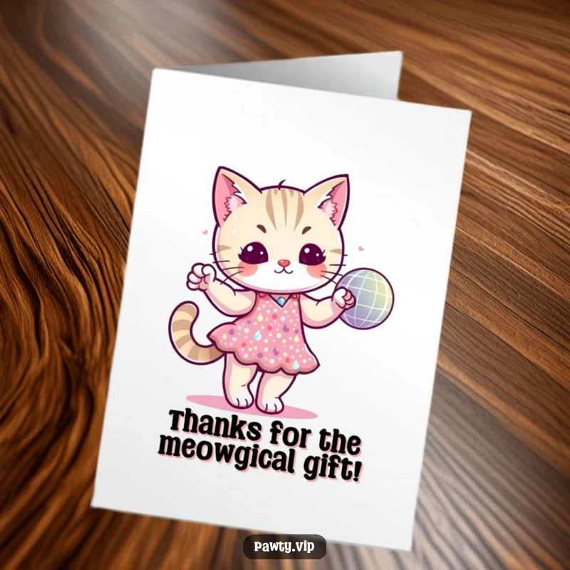 Funny Free Printable Disco Cat Thank You Card: Cat in a sequined dress dancing with a disco ball, expressing thanks. Downloadable art.