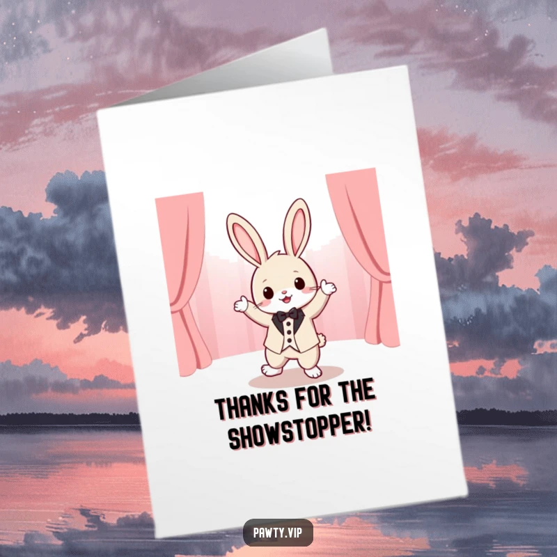 Funny Free Printable Thank You Card with a kawaii rabbit in a tuxedo, dancing joyfully on a stage, expressing thanks.