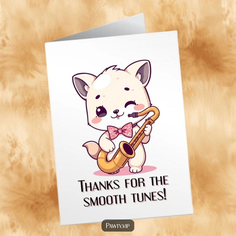 Funny Free Printable Thank You Card: Kawaii animal in a sparkly bowtie plays a saxophone, sending jazzy thanks.