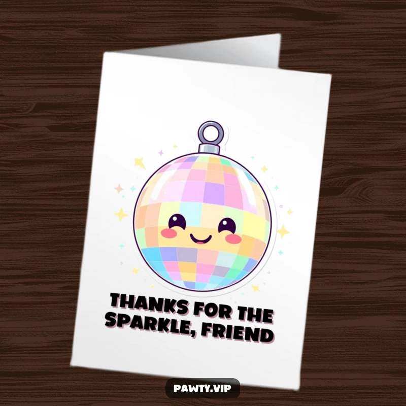 Funny Free Printable Thank You Card: A smiling disco ball, emitting colorful lights, spinning to express thanks.