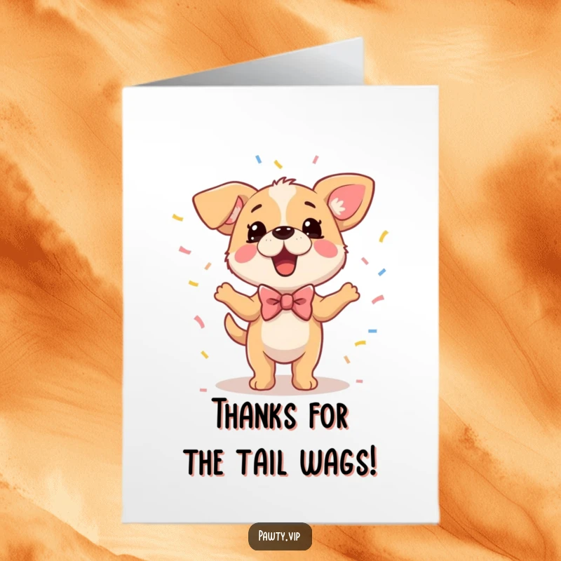 Funny Free Printable Thank You Card: A bowtie-wearing dog dances joyfully with confetti, offering a happy thank you.