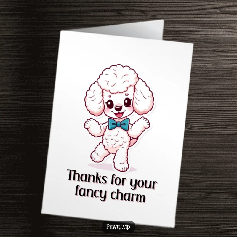 Funny Free Printable Thank You Card: A cute poodle in a bow tie, dancing energetically to express thanks.