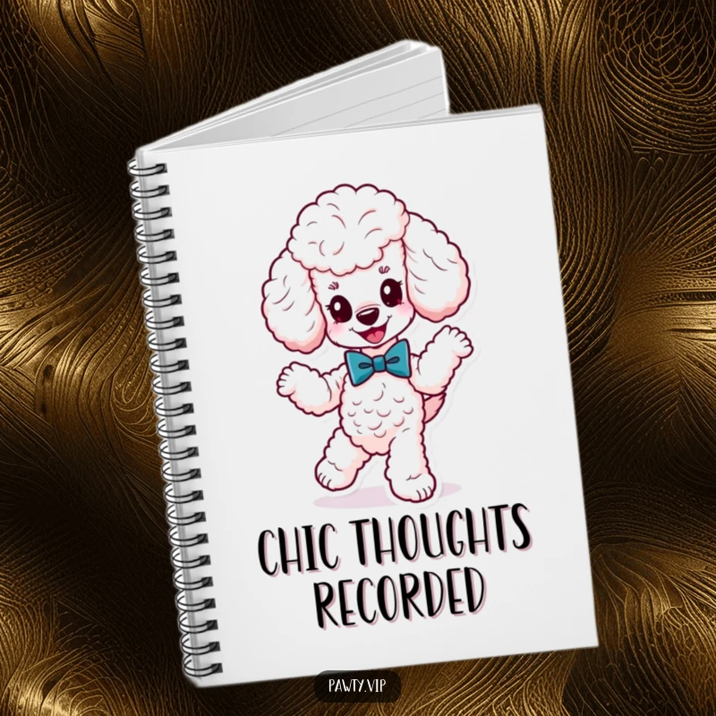 Funny cute poodle wearing a fancy bow tie, dancing energetically, on a notebook, designed to inspire elegant writing and creative ideas.