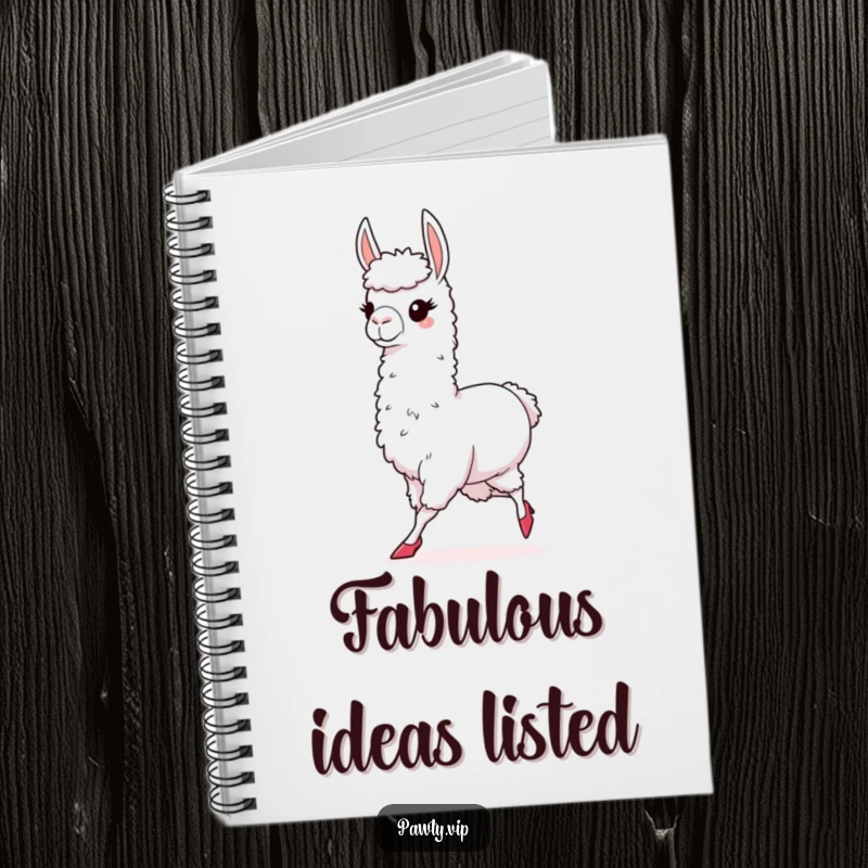 Funny notebook with a chic llama wearing high heels, strutting confidently, perfect for capturing ideas with a fashionable and sassy flair.