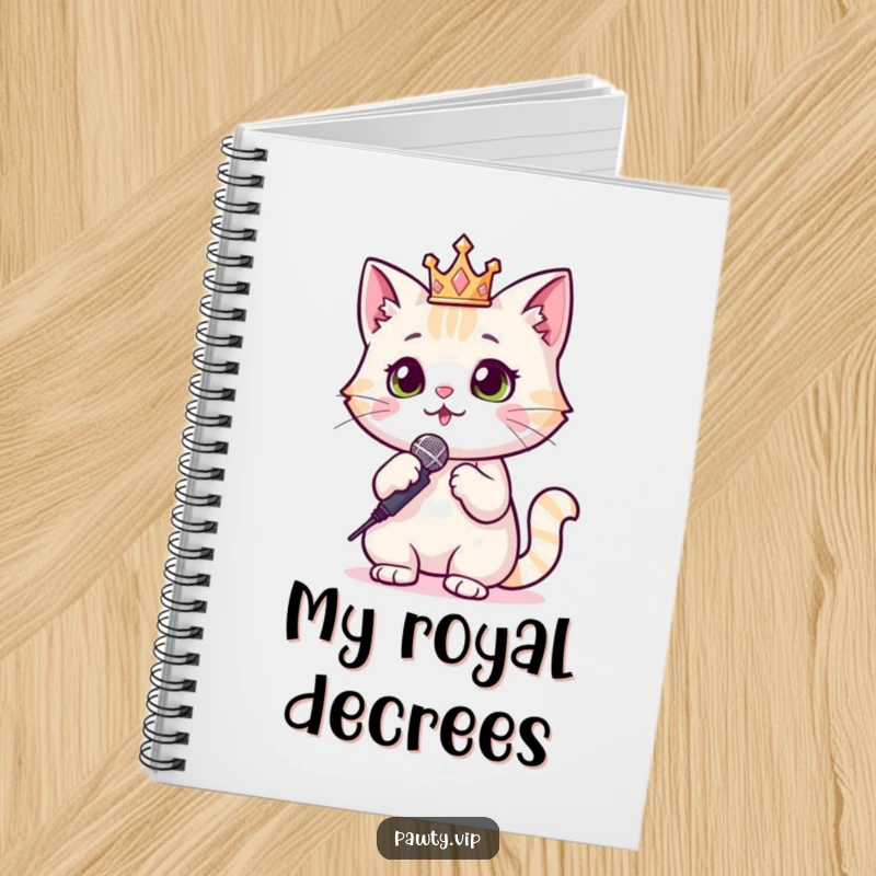Funny Cat Notebook with a crowned cat holding a microphone, inspiring diva-worthy ideas and fun note-taking.