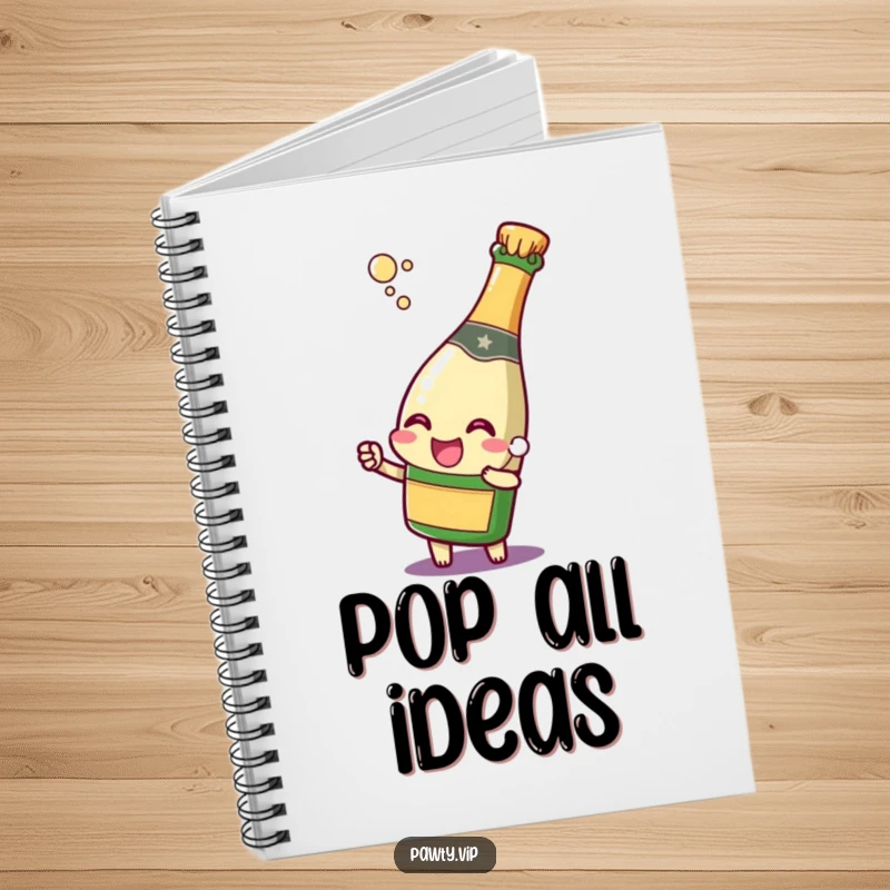 Funny champagne bottle character popping its cork with a joyful expression, on a notebook, ready to record fabulous party plans and bright ideas.