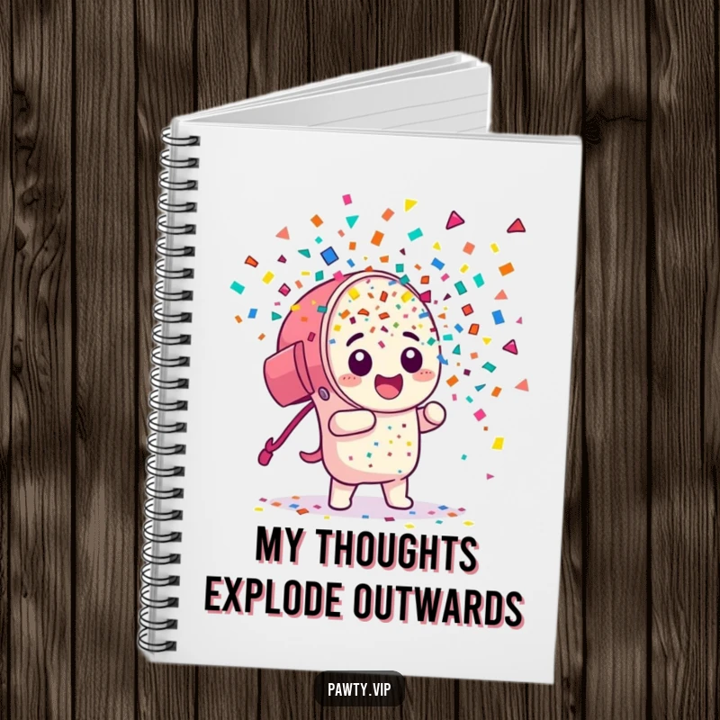 Funny Notebook: A notebook cover with a confetti cannon character erupting with colorful pieces, ideal for jotting down thoughts.