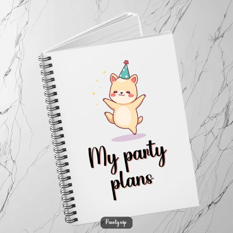 Funny animal character dancing with sparkles and wearing a party hat, a fun and funny notebook.
