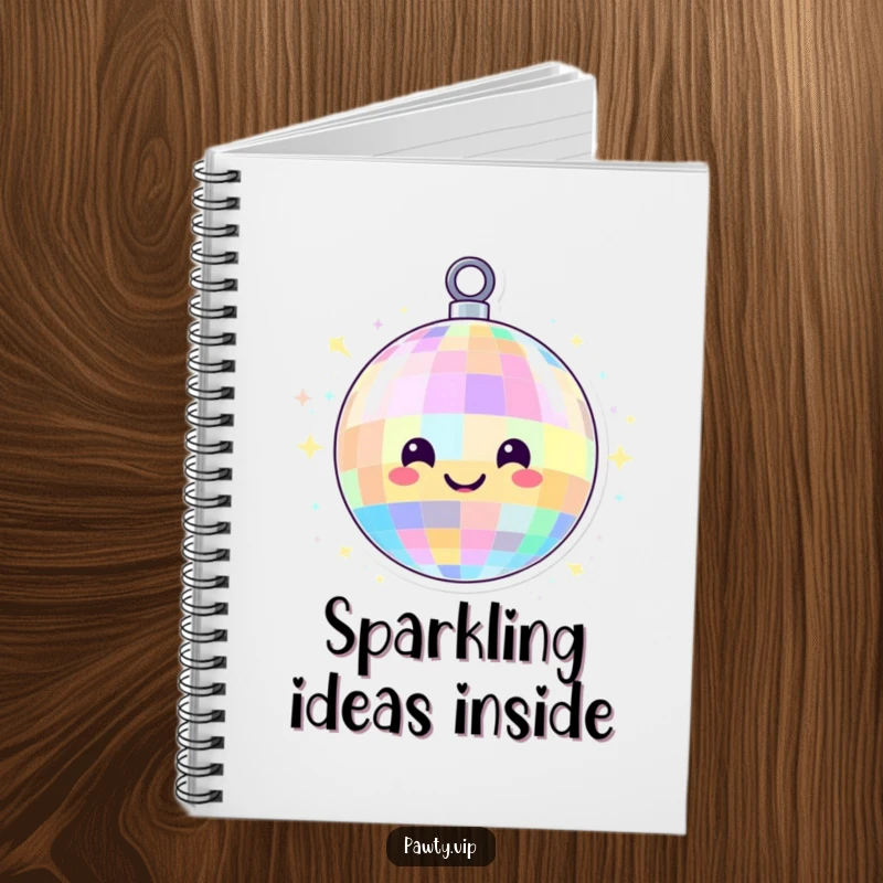 Funny disco ball character with a smiling face and colorful lights, on a notebook, ready to record fabulous party plans and bright ideas.