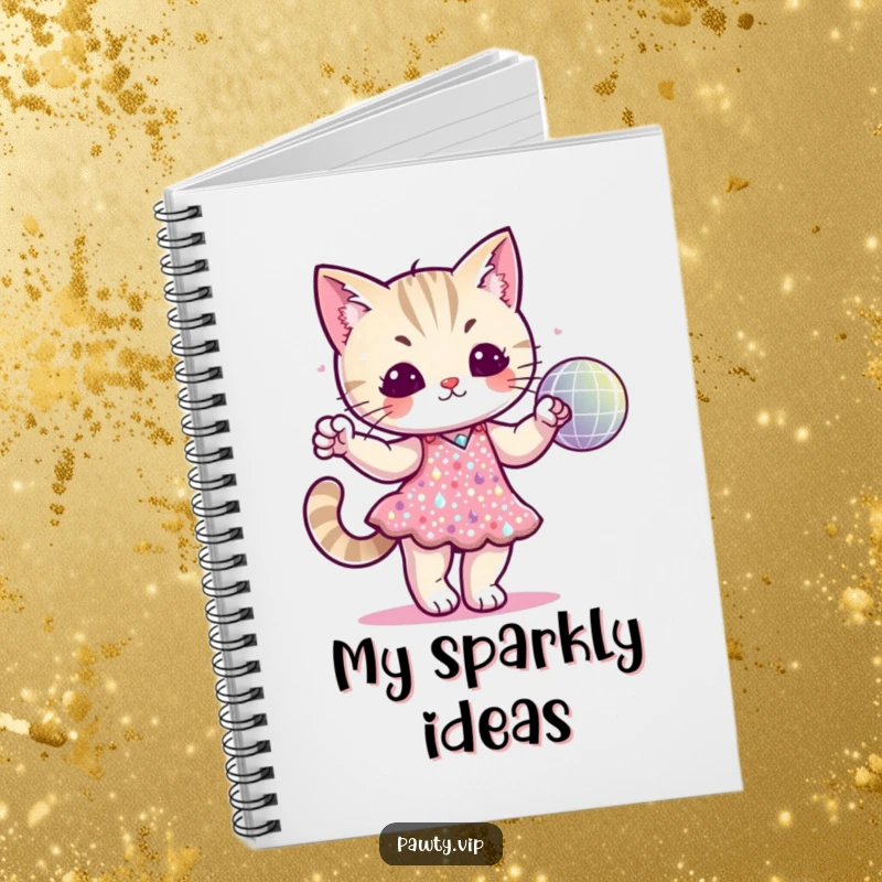 Funny cat character in a sequined dress dancing with a disco ball on a notebook cover, inspiring glamorous creativity.